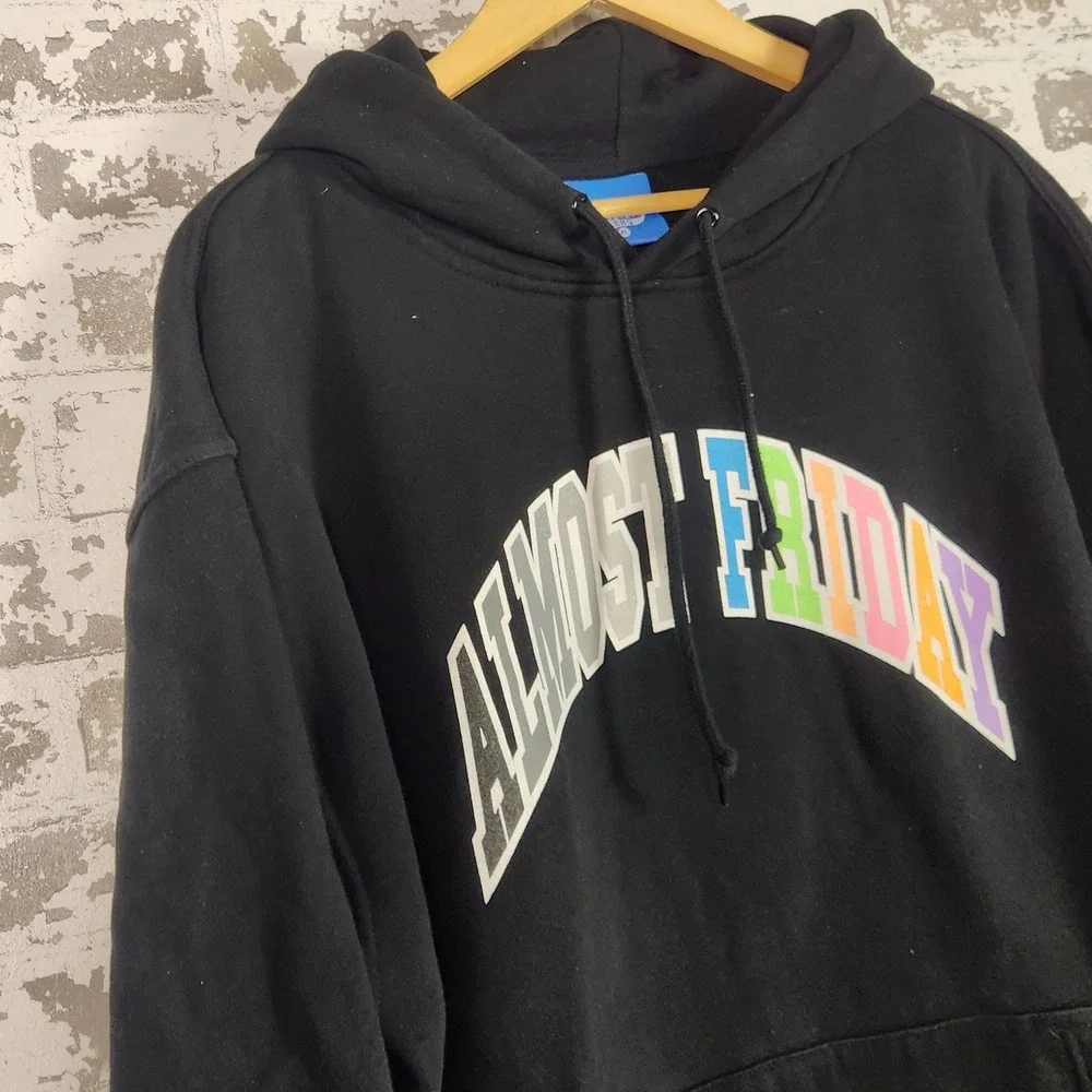 Friday Beers Almost Friday‎ Hoodie Men's XL Black Colorful Graphic Sweatshirt